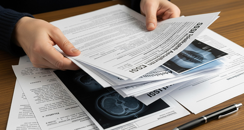 A man holding SSI forms and medical records.