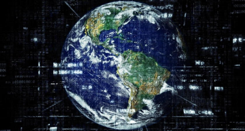 Picture of the earth with various lines of code